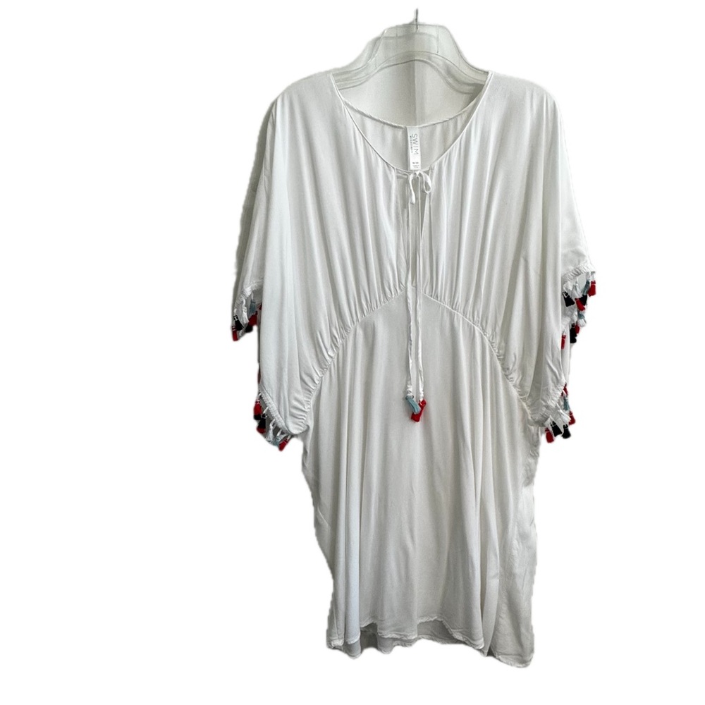 SWIM by CACIQUE Lane Bryant Cover-up White Black Red Tassels Tie Front 18/20 XXL - Picture 3 of 12